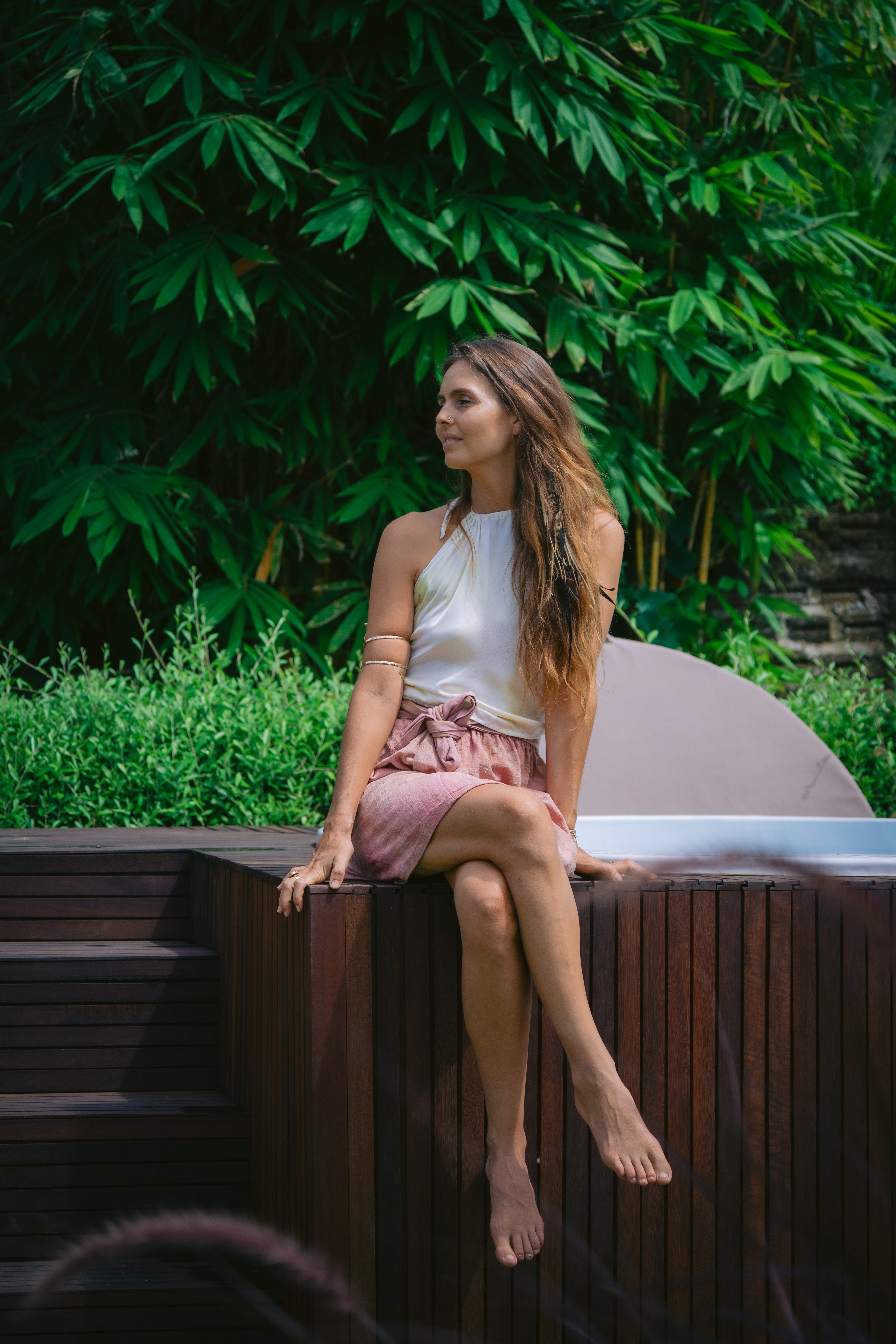 Tirta Puspa White & Yellow Cotton Silk Tank Top